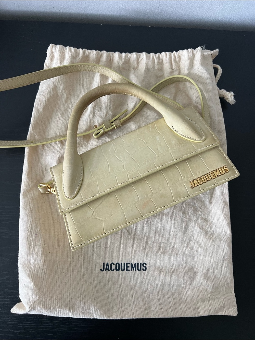 Jacquemus Le Chiquito Croc-Embossed Top Handle Bag in Pale Yellow